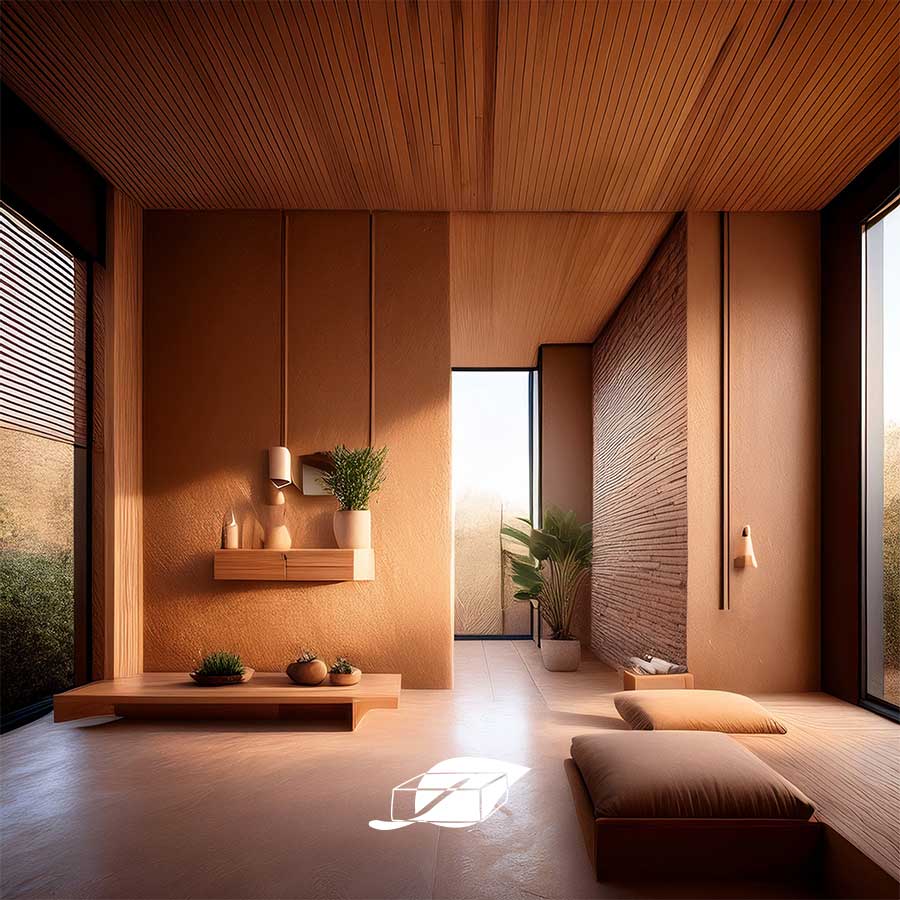 Interno moderno e naturale con pareti rifinite in argilla Clayboard, arredi in legno e luce naturale: un ambiente che esprime comfort, equilibrio e sostenibilità.